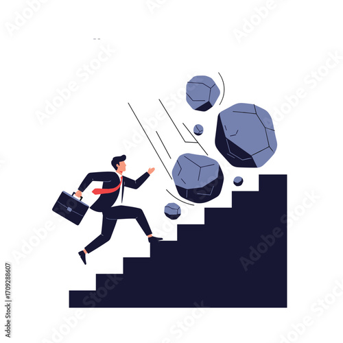 Businessman running upstairs as boulders tumble down the stairs towards him.