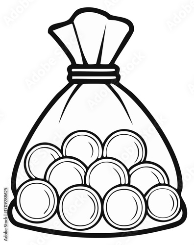 Illustration of a bag full of coins with thick outlines for coloring books or educational materials about money, finance, and savings