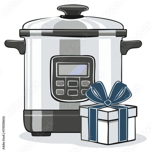 Modern electric multi cooker kitchen appliance as a gift next to a wrapped present