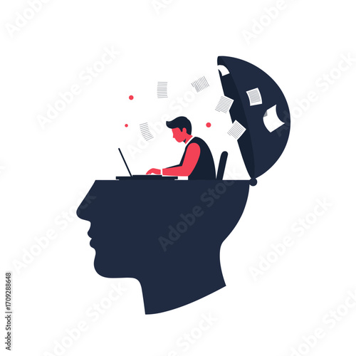 Creative person working in an open mind with ideas flowing like papers.