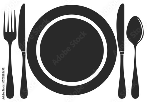 Place setting silhouette with plate, fork, knife, and spoon icon
