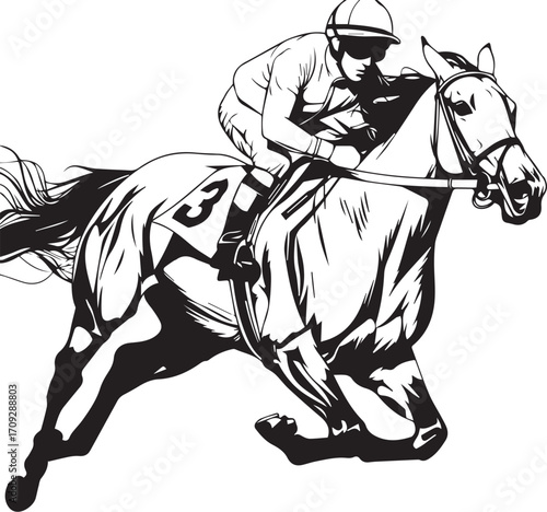Racing horse and jockey vector illustration: An dynamic vector of a racing horse and its jockey in full gallop, capturing the speed and excitement of the sport.