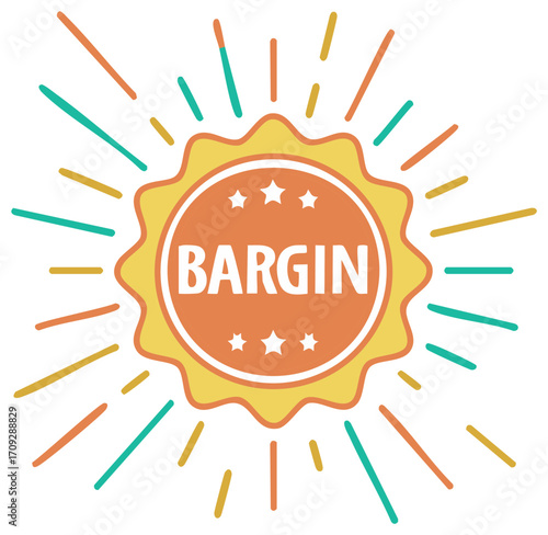 Vibrant BARGIN discount offer badge with stars and colorful sunburst rays