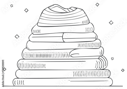 Stack of Folded Laundry with a Hat Fresh and Clean Doodle Style Illustration