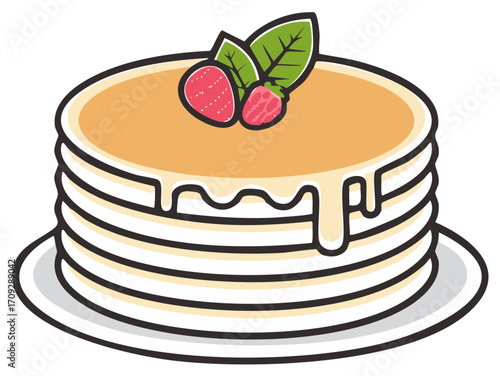 Vector illustration of a delicious stack of pancakes topped with fresh strawberries and sweet dripping syrup