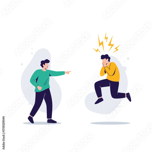 One person pointing at another who is scared and jumping.