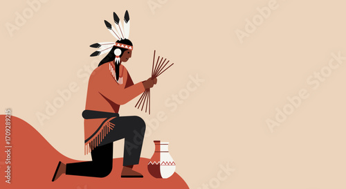 Stylized illustration of an Indigenous person in traditional attire, kneeling and holding sticks beside a decorative pot, representing culture and heritage.