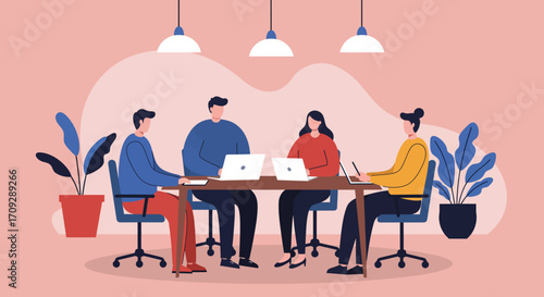 Diverse professional team collaborating in a modern office meeting with laptops. Ideal for business, teamwork, and corporate productivity concepts.