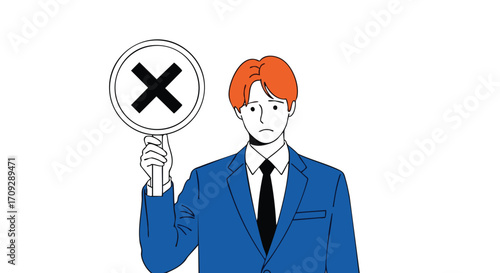 Disappointed businessman holding 'X' sign, conveying rejection or failure in a professional setting.
