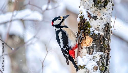 Woodpecker on Birch Tree in Winter