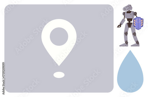 Robot holding shield, large location pin, and water droplet shape. Ideal for technology, innovation, AI, sustainability, mapping security robotics. Perfect simple flat metaphor