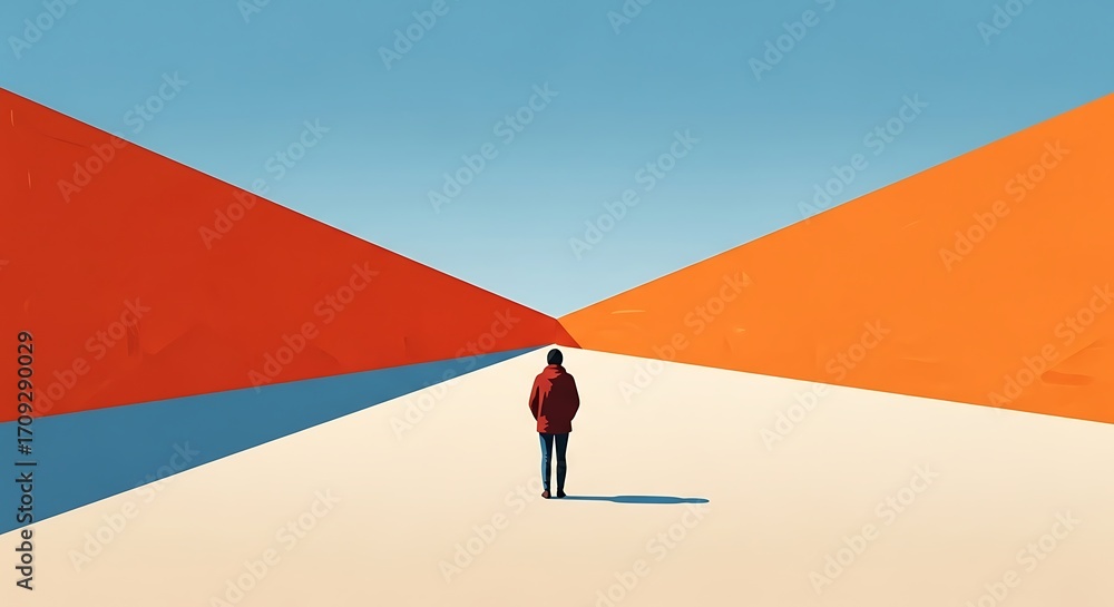 Obraz premium Solitary Figure Facing Two Colorful Paths.