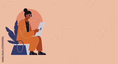Modern woman in an orange suit, focused on her tablet, embodying remote work, digital learning, and a connected lifestyle. Ideal for business and technology themes.