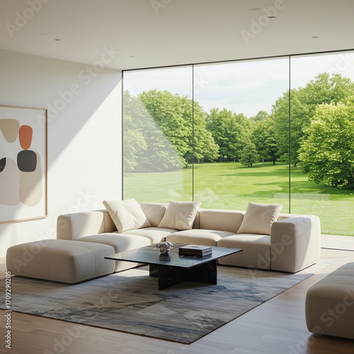 Modern living room with large window and green view