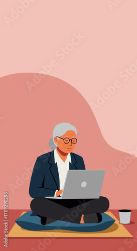 A focused senior businesswoman with grey hair and glasses, diligently working on her laptop while sitting comfortably on a cushion, depicted in a modern flat design illustration.
