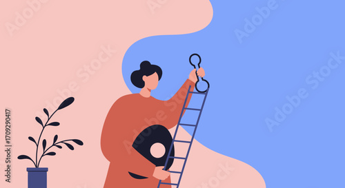 Woman on a ladder with a key, symbolizing career growth, professional development, and unlocking new opportunities. Personal achievement concept.