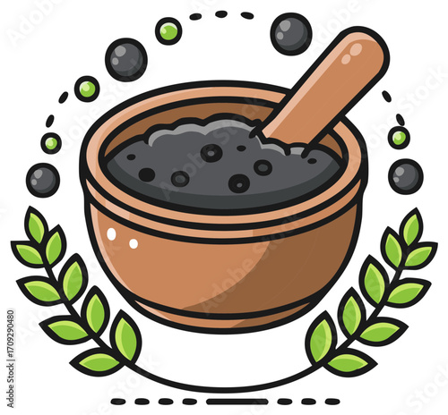 Ancient mortar and pestle with dark powder and green leaves symbol of traditional medicine and wellness