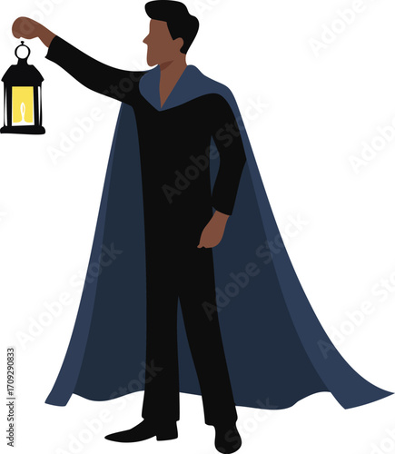 A man in a cape holds a lantern aloft, illuminating the way forward.