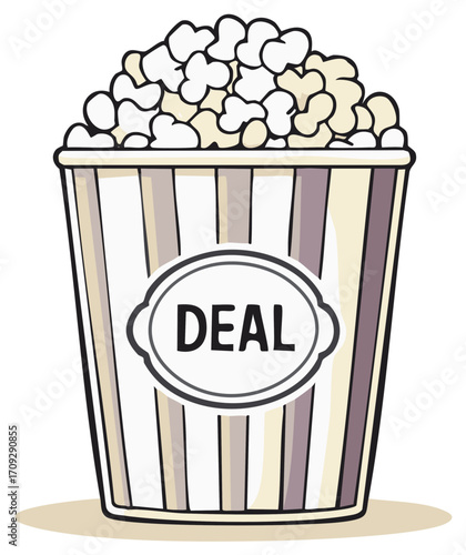 Cartoon Style Deal Popcorn in Striped Bucket Illustration Snack Time Treat
