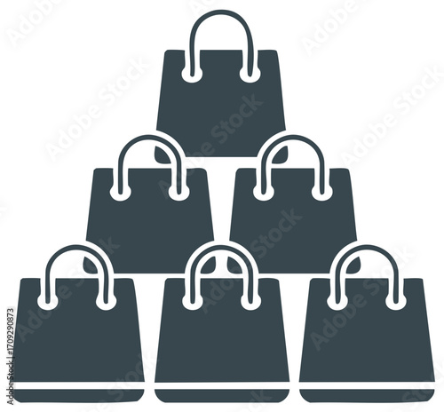 Six dark shopping bags stacked in a pyramid icon for retail and consumerism concepts