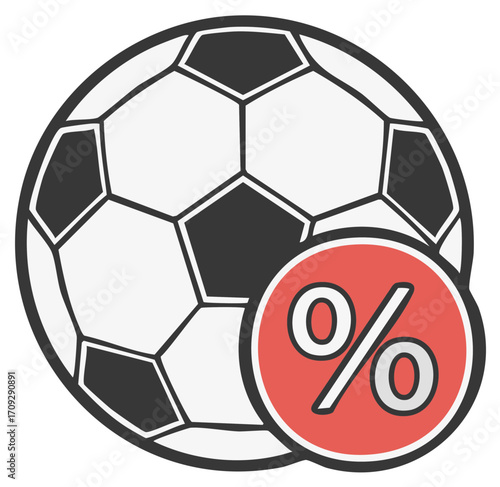 Soccer ball with percentage symbol representing discounts, sales, or odds