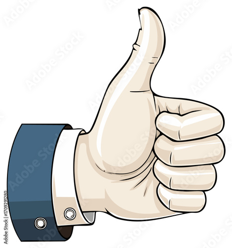 Cartoon illustration of a businessman's hand showing a thumbs up gesture for approval
