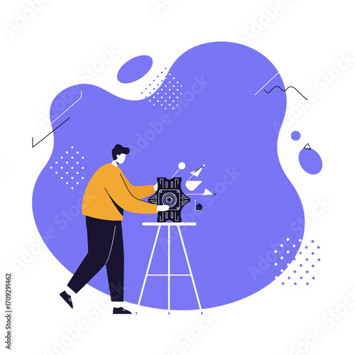 A person engaging with an advanced scientific or technological device on a tripod, symbolizing research, innovation, and complex problem-solving in a modern context.