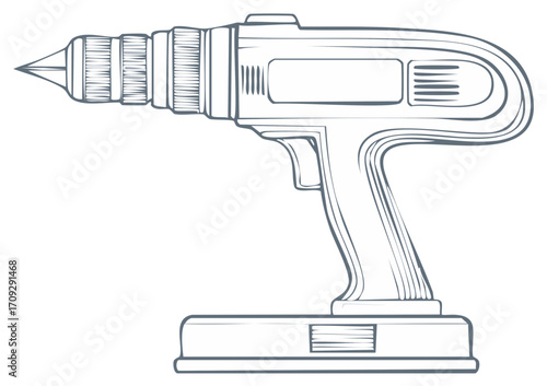 Handheld Power Drill Illustration Construction Tool Design Outline Style