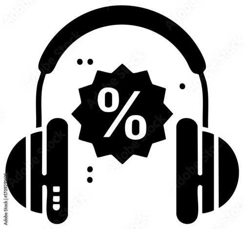 Headphones with percent sign icon for music sale and audio discount promotion