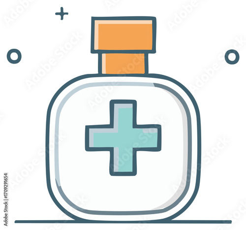 Doodle style medical bottle with cross symbol and decorative elements