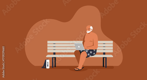 Young man working remotely on a laptop from a comfortable balcony setup, embodying modern flexible work and digital lifestyle. Ideal for business, technology, and travel themes.