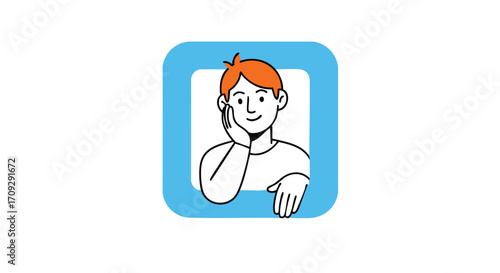 Young man with orange hair thoughtfully resting chin on hand inside blue square frame