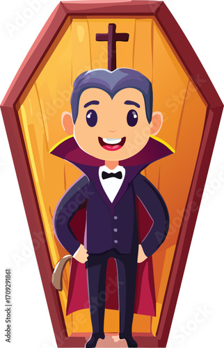 Cartoon vampire character standing in a coffin with a cross, wearing a suit and cape, holding a cane.