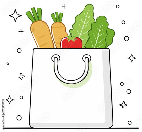 Cute grocery bag with vegetables and stars. Vector illustration.