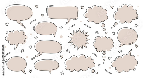 Cute hand drawn speech bubbles, stars, and hearts for adorable social media posts, greeting cards, and fun designs