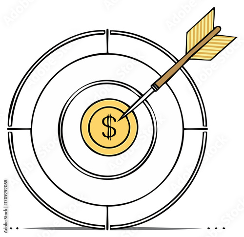Cartoon depiction of a bullseye target with a dollar sign with an arrow hitting the center.