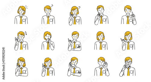 Office workers with various expressions show business situations like confused, thinking and listening to advice