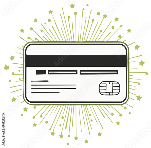 Stylized payment card with chip and magnetic stripe surrounded by a dynamic green starburst and dots