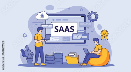 Vector illustration of people working on saas software as a service solutions, illustrating cloudbased software delivery and subscription model