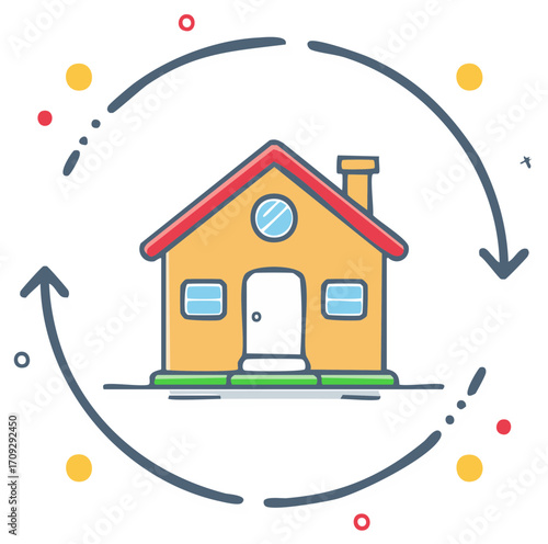 House with circular arrows representing property cycle exchange and sustainable home ownership concept illustration