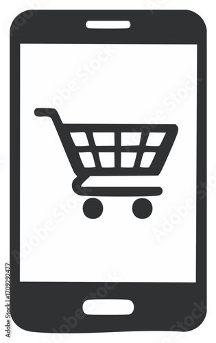 Smartphone displaying shopping cart icon, online mobile purchasing illustration.