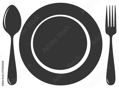 Simple tableware set illustration with spoon, plate and fork in monochrome design