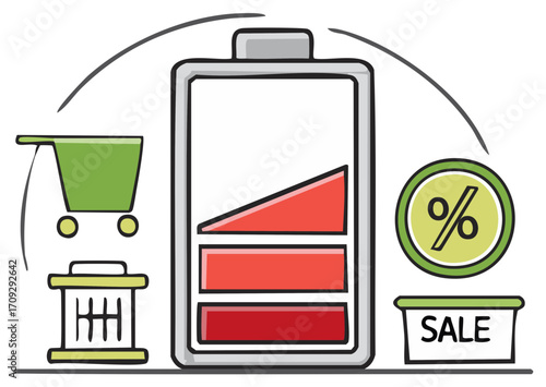 Online Shopping Battery Drain Featuring Shopping Cart Percentage Sign Sale and Recycle Bin Iconography in a White Background