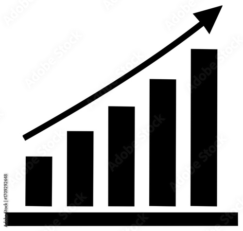 Upward trending bar graph with rising arrow symbolizing business growth, financial success, and positive progress