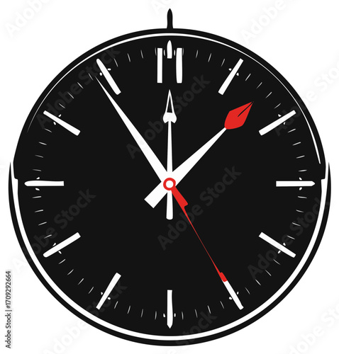 Black and White Clock Face with Red Hands and Accents, Graphic Illustration