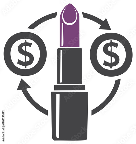 Lipstick and dollar signs in a cycle. Cosmetics business concept.