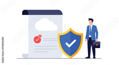 Vector illustration of man with briefcase standing next to cloud storage document and shield for data protection and security