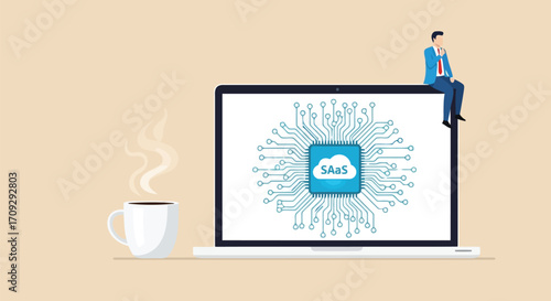 Vector illustration of saas software as a service concept with man sitting on laptop cloud computing, online service, and technology