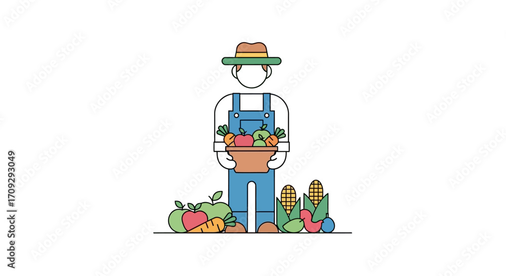 Fototapeta premium Farmer holding a basket of fresh vegetables and fruits from the harvest.