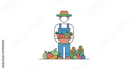Farmer holding a basket of fresh vegetables and fruits from the harvest.
